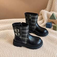 Girls' Academy Style Black Plaid Patchwork Double Buckle Decor Ankle Boots, Side Zipper Design, Children's Ankle Boots Suitable For Autumn/Winter Daily Wear - Black - View 2