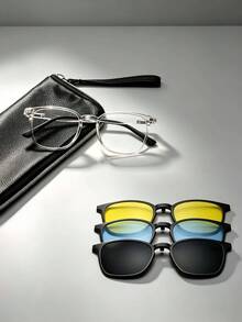 Unisex 3-In-1 Magnetic Clip On Square Eyewear Set With 3 Replaceable Lens & Storage Pouch,Suitable For Driving Daily Wear - Grey - View 4