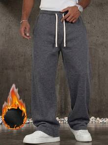 Men's Loose Fit Thermal Lined Wide Leg Sweatpants, Elastic Waist Drawstring Straight Leg Long Pants, Thickened Casual Pants With Pockets, Dark Gray For Autumn/Winter Daily Streetwear And Outdoor Wear - Dark Grey - View 10