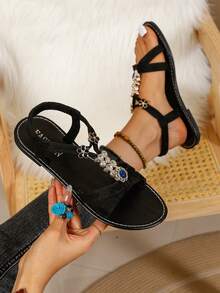 Women's Bohemian Rhinestone T-Strap Sandals, Fashionable Embellished Flat Flip-Flops, Summer Casual & Dressy Open-Toe Sandals, Suitable For Beach And Daily Wear - Black - View 1