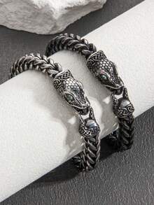 1Pc Men Snake Head Braided Stainless Steel Bracelet, Punk Jewelry, Vintage Bangle, Gift For Him - SL211 - View 4
