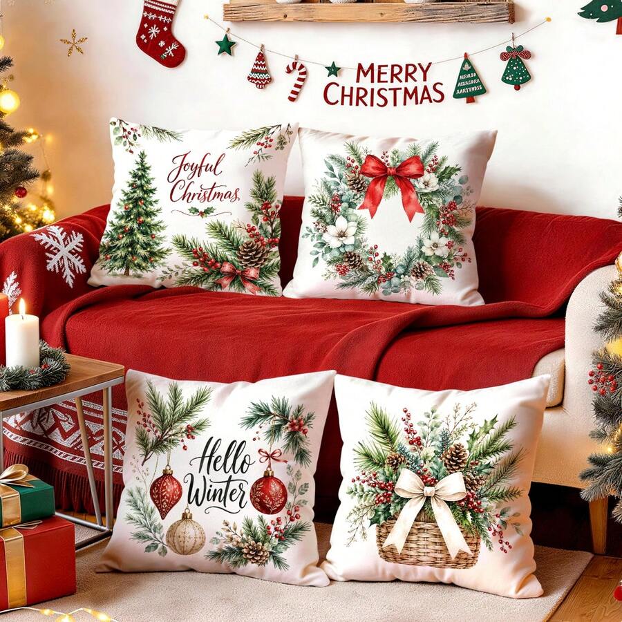 4pcs/1pc Christmas Wreath & Bow Pattern Pillow Covers, Single-Sided Printed Pillow Covers, Suitable For Living Room, Bedroom, Home Decor, All-Season Pillow Covers - Multicolor - View 1