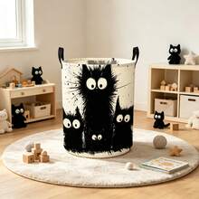 1pc Round Storage Basket With Handle, Happy Halloween Pumpkin, Skull, Bat, Spider And Witch Print Decorative Storage Bucket, Suitable For Clothes And Miscellaneous Items, Multi-Functional Storage, Home Decor/Room Decor - Black and White - View 1