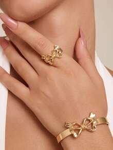 1 Set Fashionable Chic Gold Bow Bracelet & Ring Jewelry Set, Suitable For Women's Daily Wear And Party Gift Accessory - Gold - View 2