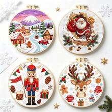 4pcs Nordic Style Christmas Theme DIY Embroidery Kit, Santa Claus, Nutcracker, Reindeer, Christmas Village With Embroidery Hoop, Handmade Kit For Beginners, Holiday Home Decor Embroidery - Multicolor - View 2