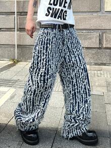 Infinite Jeans 1pc American Street Style Men's Hip Hop Loose Comfortable Wide Leg Jeans Fashion High Street All Season Versatile Denim Pants (Product Does Not Include Belt And Accessories) - Blue - View 1