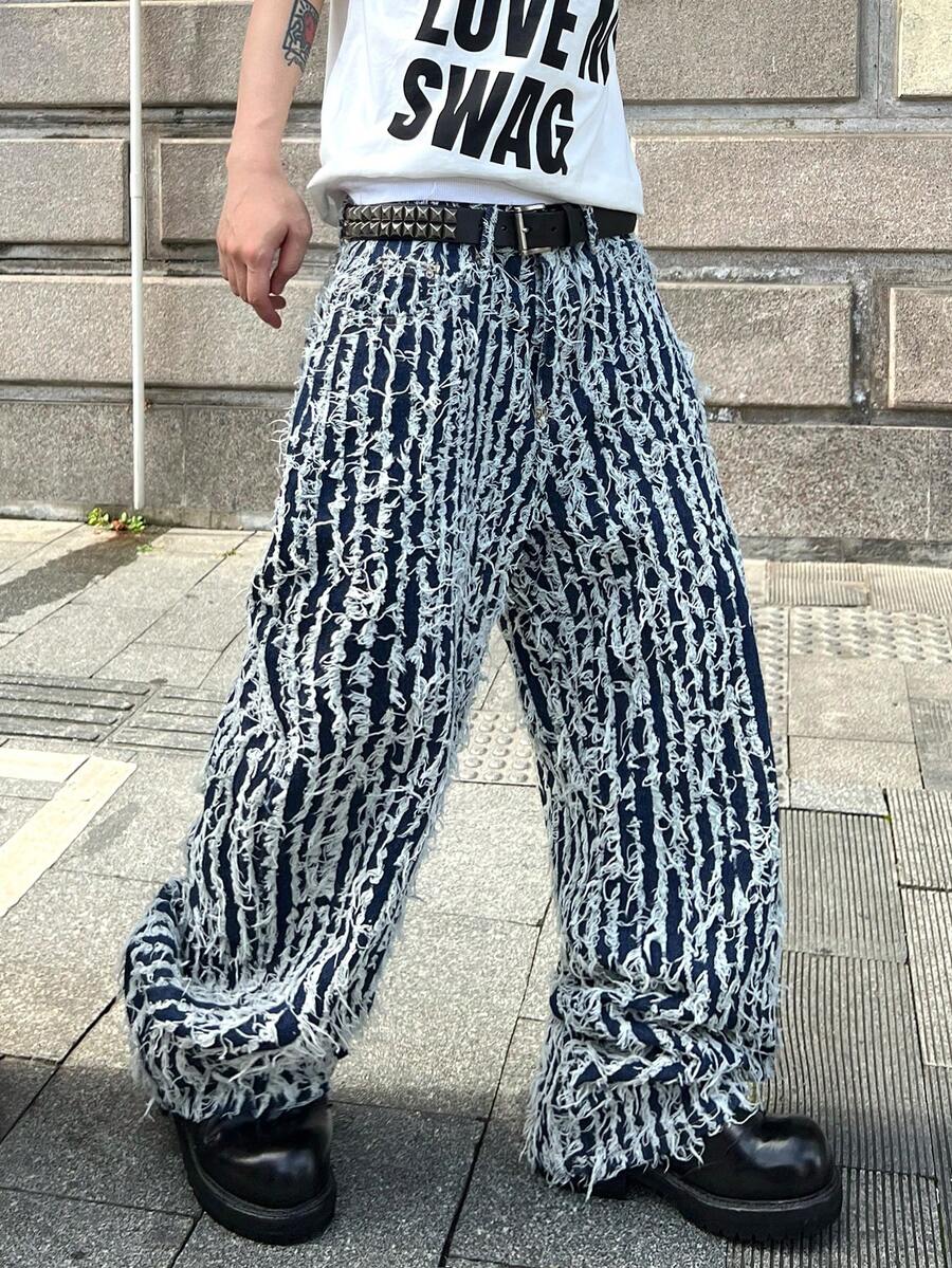 Infinite Jeans 1pc American Street Style Men's Hip Hop Loose Comfortable Wide Leg Jeans Fashion High Street All Season Versatile Denim Pants (Product Does Not Include Belt And Accessories) - Blue - View 1