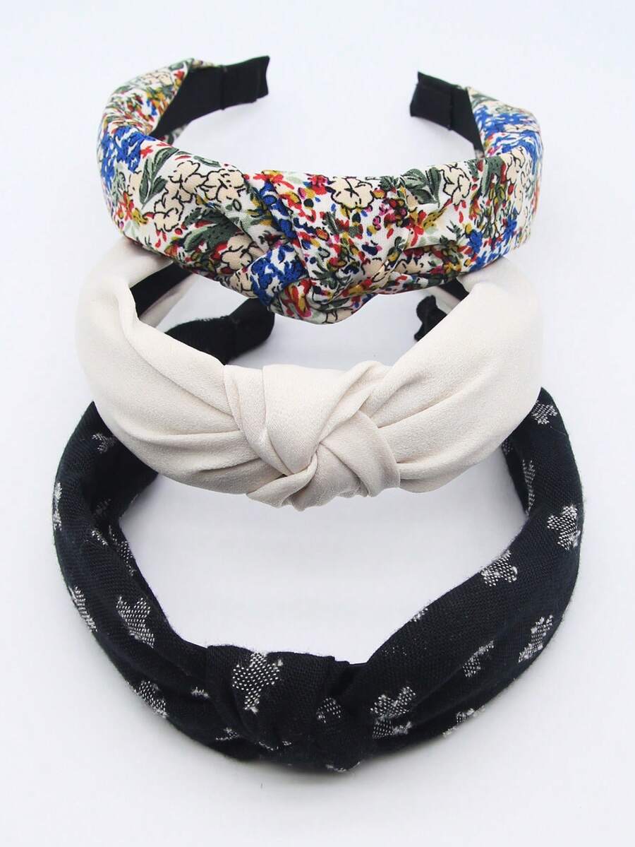 3pcs/Set Floral Fabric Solid Color Women's Non-Slip Headband Fashion Hair Accessory For Face Washing Makeup Casual Hair Styling Tool - Multicolor - View 1