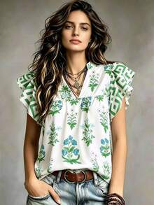 2026 Spring/Summer New French Vacation Style Ditsy Floral Shirt, Stand Collar Cap Sleeve Loose Concealing Blouse, Casual Daily Commute Cap Sleeve Shirt - Green - View 1