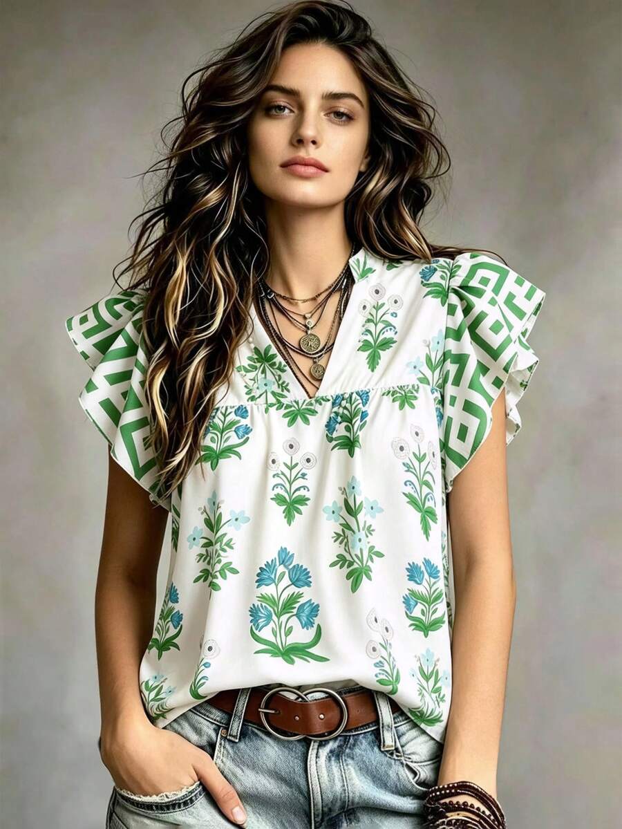 2026 Spring/Summer New French Vacation Style Ditsy Floral Shirt, Stand Collar Cap Sleeve Loose Concealing Blouse, Casual Daily Commute Cap Sleeve Shirt - Green - View 1