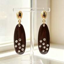Deep Brown Oval Rhinestone Long Dangle Earrings - Brown - View 7
