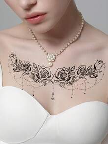 1pc Black Aesthetic Exquisite Symmetrical Rose Chain Pattern Temporary Tattoo Sticker, Waterproof DIY Party Gift, Holiday Gift, Music Festival Tattoo Sticker For Shoulder, Neck, Collarbone, Back - Black - View 2