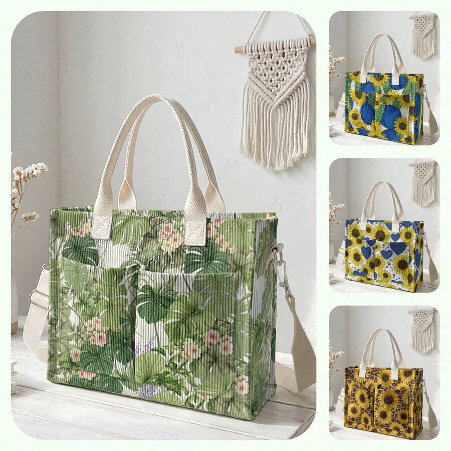 1 túi tote đeo vai vải nhung kẻ họa tiết cây xanh và hoa hướng dương, nhiều túi, dung tích lớn, cài nút bấm, cho học sinh đi học và đi làm hàng ngày - Nhiều màu - Xem 1