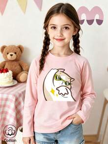 Girls Cotton Raglan Long Sleeve T-Shirt, Autumn Winter, Cool Cat Print, Round Neck, Soft Fabric For Daily Wear, Cute Sweet Girly Preppy Style - Baby Pink - View 2