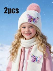 2pcs/Set Girls Sequin Bowknot Autumn Winter Kids Hat Scarf Set, 2-Piece Hat Set, Knit Beanie Scarf Set, Autumn Winter Warm 2-Piece Set, Kids Winter Accessory Set - 2pcs - View 2