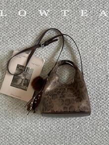 low tea 1pc Minimalist Small Bucket PU Fabric Handbag, Suitable For Commuting, Shopping, Etc. (With Pendant) - Coffee - View 5