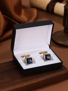 2PCS Men's Silver Alloy Deep Blue Sapphire Shirt Cufflinks, Detachable Fixed Shirt Cufflinks, Gift Box Set, Suitable For Going Out And Attending Parties - Gold Silver - View 7