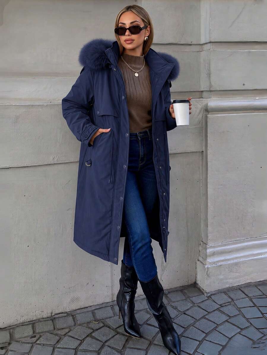 Risissida Fashionable And Elegant Women's Coat With Pockets And Faux Fur Lining, Perfect For Autumn And Winter - Navy Blue - View 1