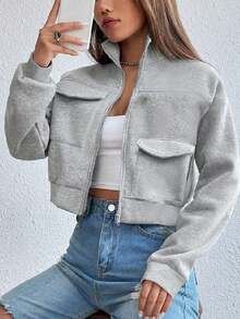Women's Grey Knit Short Jacket, Stand Collar Zipper Pockets, Long Sleeve Casual Autumn Outerwear - Light Grey - View 6