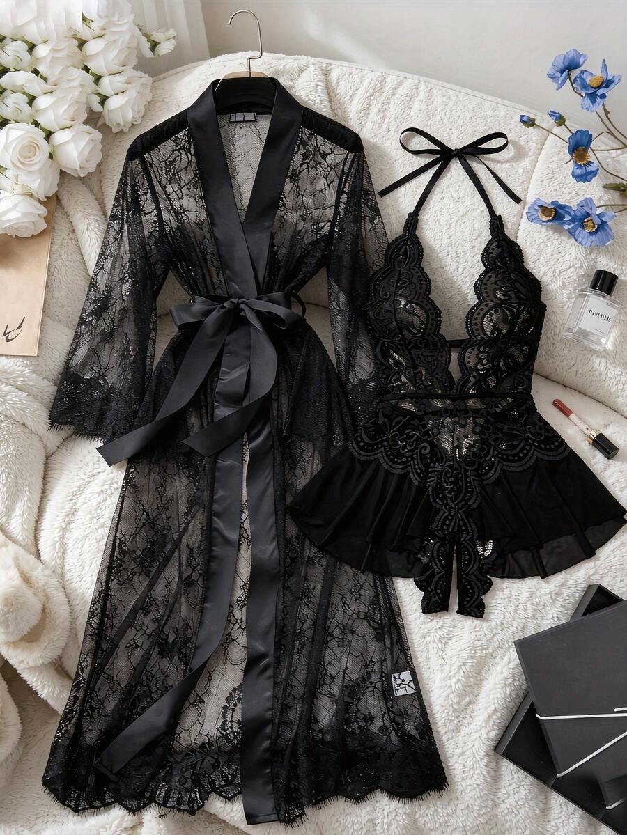 Women's Black Lace Deep V-Neck Bodysuit With Long Nightgown, Sheer Mesh Fabric, Lace Lingerie Set, Intimate Home Wear, Suitable For Couples Date - Black - View 1