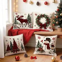 4pcs/1pc Christmas Red & Black Plaid Pattern Pillow Case, Single-Sided Printed Pillow Cover, Suitable For Living Room, Bedroom, Home Decor, All-Season Pillow Case - Multicolor - View 9