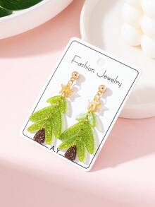 1 Pasang Anting-Anting Fashion Wanita Motif Patchwork Pohon Natal Berkilau, Cocok untuk Pesta Liburan dan Hadiah - Lime Green - View 2