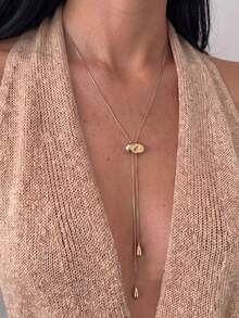 1件女款鍍金Y型長項鍊，有機豆形滑扣蛇骨鏈不對稱流蘇水滴吊墜，極簡法式深V領飾品 - 多色2 - 查看 2