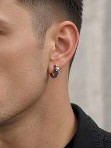1pc Vintage Animal Style Stainless Steel Wolf Hoop Earring For Men, Punk Daily Ear Jewelry - Gun Black - View 4