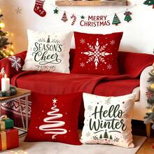 4pcs/1pc Minimalist Red Background Christmas Text Pattern Pillow Case, Single-Sided Printed Pillow Case, Suitable For Living Room Bedroom Home Decor, All Season Pillow Case - Multicolor - View 2