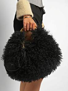 Women's Top Handle Handbag,Solid Color,Curly Faux Fur, Golden Metal Ring & Detachable Strap,Crossbody & Handheld,Luxury Fluffy Style,Party Daily Use - Black - View 3