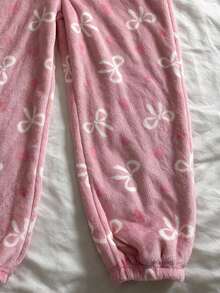 Cute Pink Bow Print Velvet Jumpsuit, Essential For Autumn/Winter Girls, Made Of Soft Fabric, Suitable For Casual Wear At Home Or As A Gift For Friends - Pink - View 6