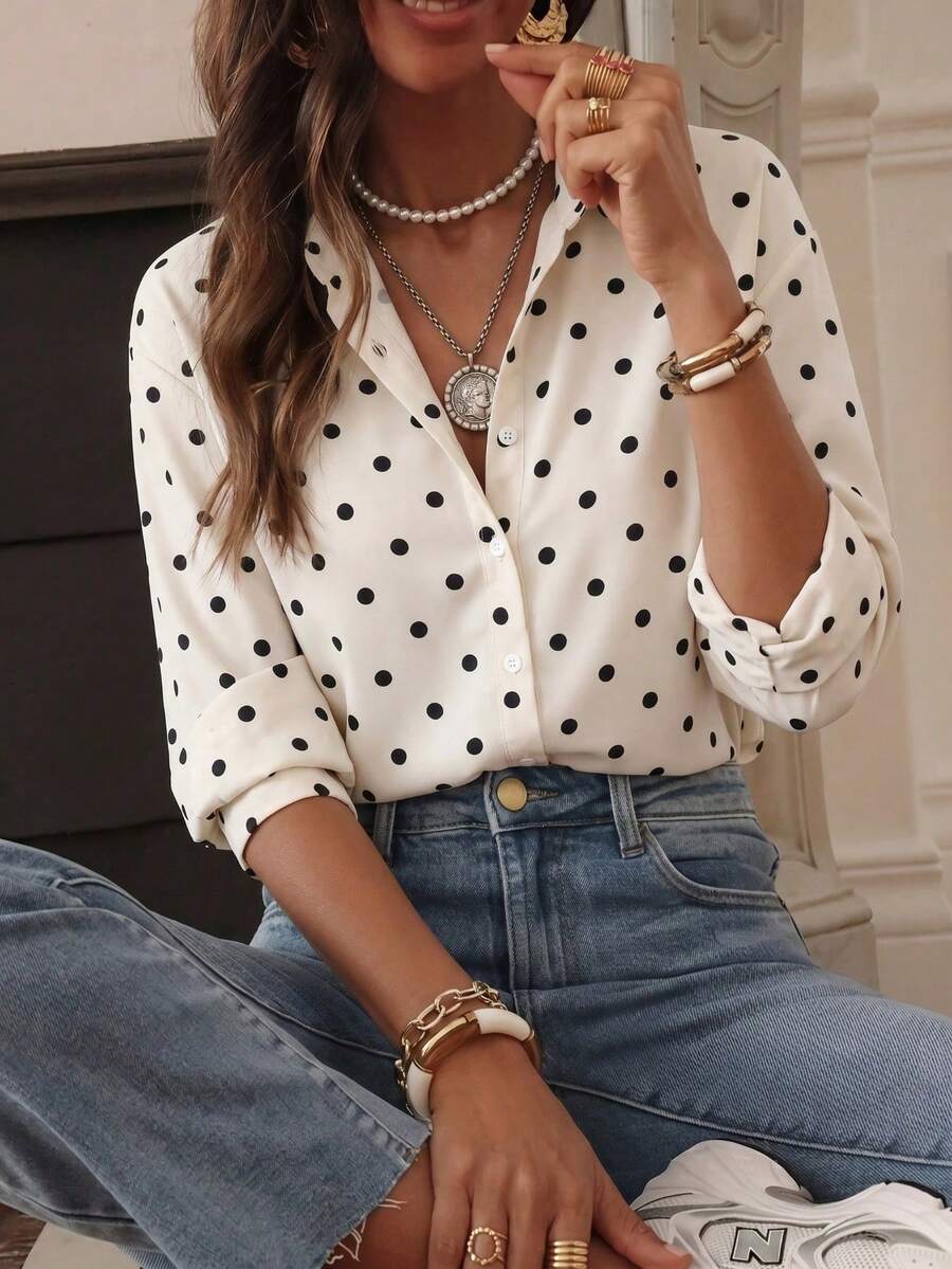 Casual Versatile Polka Dot All-Over Print Collared Double-Breasted Women's Shirt, Spring/Summer New Style, Suitable For Commuting And Daily Wear - Champagne - View 1