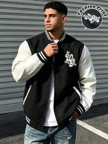Men's Two-Tone Color Block Varsity Jacket, Star Letter Embroidery Striped Rib Collar Zip-Up Loose Casual Baseball Coat, Spring/Summer New Fashion Comfortable Versatile Baseball Collar Sports Casual Jacket - Black - View 1