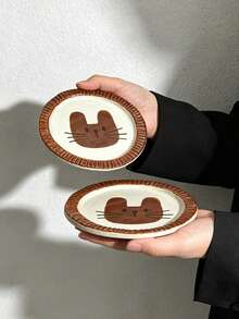 2pcs Vintage Brown Rabbit Pattern Ceramic Plates, Retro French Asymmetrical Edge Dessert Dish, Can Be Paired With Cups, Cakes, Snacks, Fruits, Suitable For Holiday Celebrations, Gatherings, Parties - Multicolor - View 4