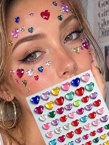 2 Lembar (Kurang Lebih) 168 buah Stiker Wajah Rhinestone Hati & Bintang Aneka Warna, Stiker Tato Wajah & Tubuh Kristal 3D Perekat Diri, Perhiasan Festival Gaya Y2K Ins, Cocok untuk Rave, Karnaval, Pesta Halloween, Dekorasi Seni Mata & Kuku DIY - MultiWarna - View 3