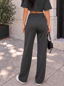 Women's High Waist Drawstring Wide Leg Pants, Loose Athletic Casual Long Pants, Suitable For Gym Workout, Daily Wear And Autumn Outfit - Black - View 2
