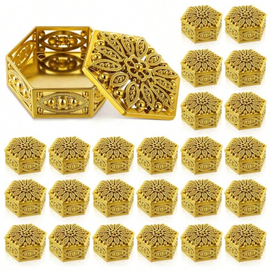 Set Of 6pcs Hexagonal Gift Boxes (Gold/Silver) – Vintage Cut-Out Design; Perfect For Diwali, Weddings, Christmas, And Birthday Parties - Multiple Styles - View 1
