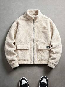 Men's Casual Fashion Double-Sided Fleece Warm Solid Color Street Style Stand Collar Pocket Decor Commute Essential Long Sleeve Sweatshirt - Apricot - View 2