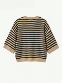 Women's New Autumn Contrast Color Striped Knit Top, Casual Daily Commute College Style - Khaki and Black - View 10