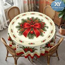 1pc Christmas Theme Round Tablecloth With Santa Claus, Reindeer, Snowman And Holiday Decorations, Perfect For Home Kitchen, Dining Room And Holiday Gatherings, Christmas Celebration Table Decor - A - View 5