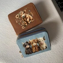 Highland Cow Print Card Holder, Lightweight Fashion Women's Wallet, Suitable For Daily Use, Dual Zipper Mini Wallet/Coin Purse/Card Holder - Multicolor - View 6