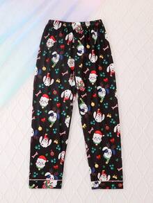 2pcs/Set Tween Girl Pajama Set, Christmas Hat Kitten & Puppy Print Pattern, Lapel Long Sleeve With Elastic Waist Long Pants, Flame Retardant Knit Fabric, All Season Wear, Tween Girl - Black - View 4