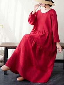 Halloween Party Elegant Red Long Sleeve Round Neck A-Line Plus Size Dress (With Pockets), Spring/Autumn Casual Wear Choice - Red - View 1