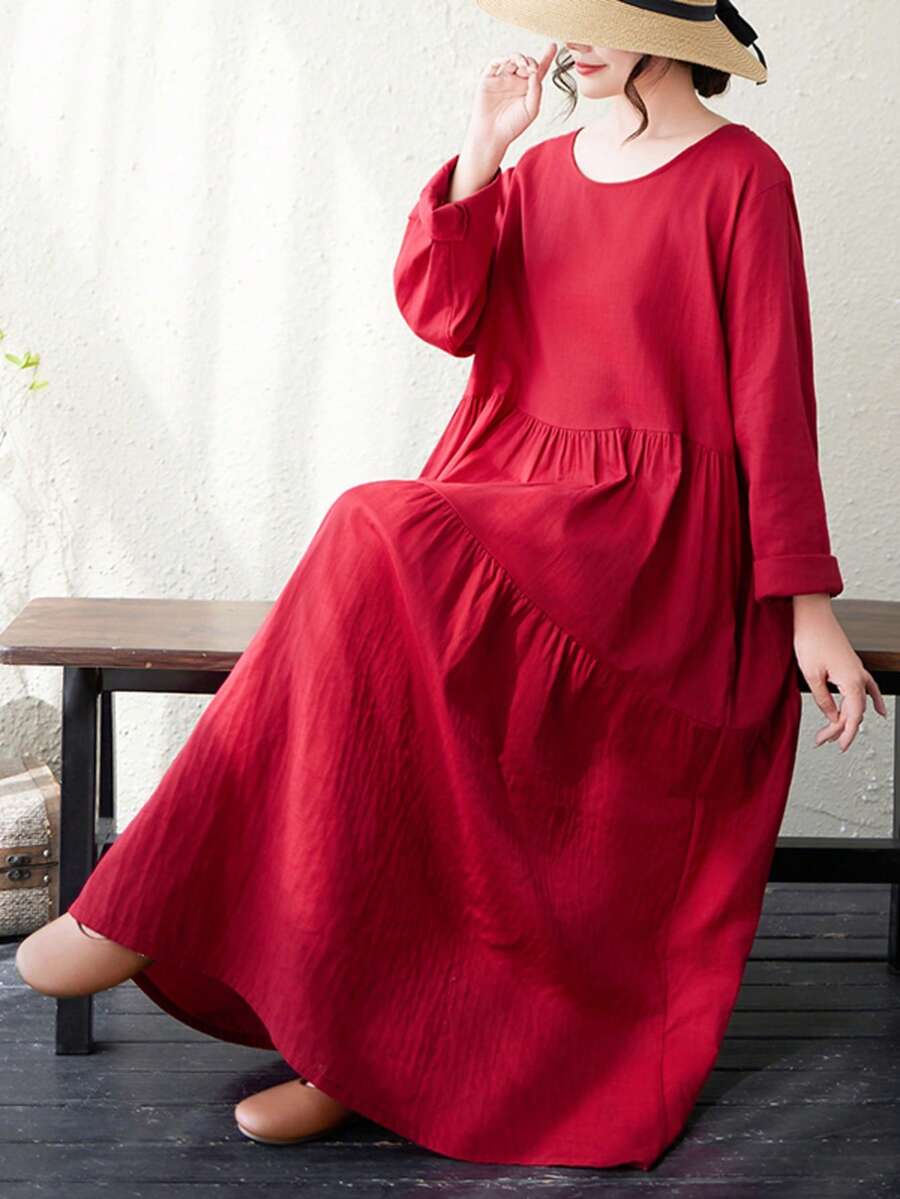 Halloween Party Elegant Red Long Sleeve Round Neck A-Line Plus Size Dress (With Pockets), Spring/Autumn Casual Wear Choice - Red - View 1