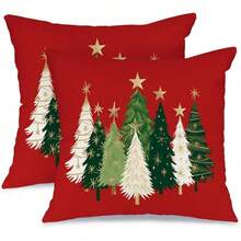2pcs Christmas Pillowcases, Watercolor Christmas Tree & Star Decor Holiday Farmhouse Winter Pillow Covers, Red, Single-Sided, Pillow Insert Not Included - Red - View 12