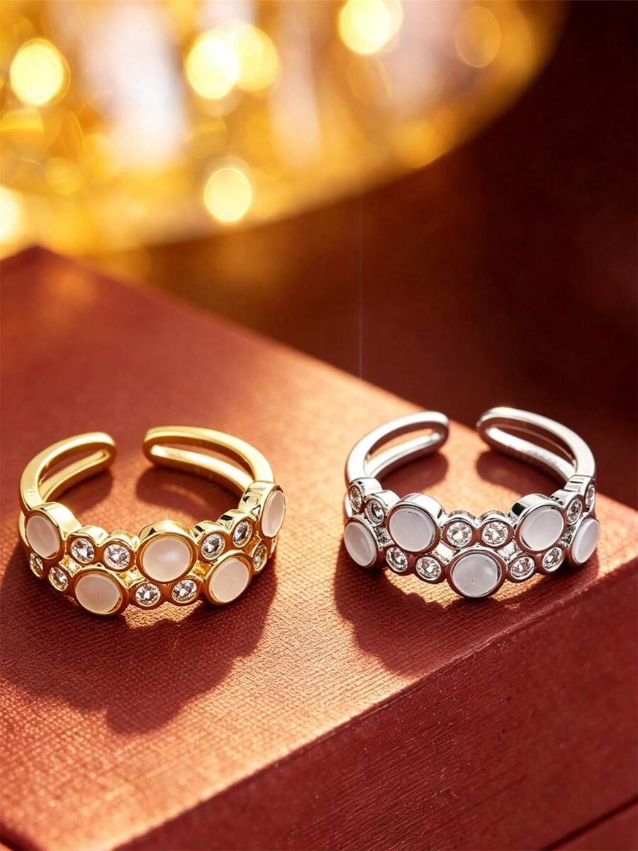 1pc Vintage Round Combination Design Exquisite Women's Open Ring, Luxury Fashion Adjustable Finger Ring, Daily & Evening Wear Accessory, Gift Jewelry - Open Ring - View 1