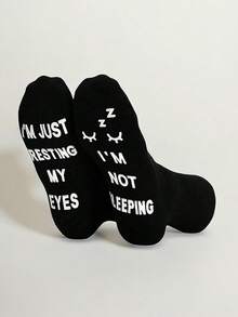 1 Pair Men's Socks, "I'm Not Sleeping, I'm Just Resting My Eyes", Floor Socks, Non-Slip Socks, Novelty Socks - Black - View 2