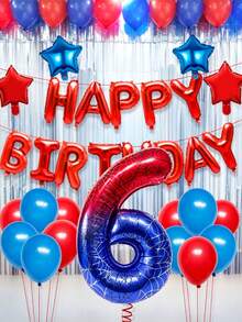 Spider Themed Balloon Set, Includes Web Pattern Number Balloon, Happy Birthday Letter Balloons & Star Balloons, For Kids Birthday Decor, Cosplay Party And Birthday Party Supplies - View 2