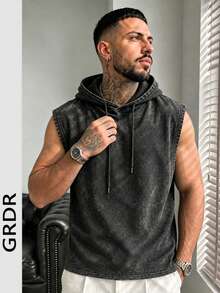 GRDR Rompi Hoodie Pria Minimalis Vintage Warna Polos dengan Efek Usang dan Pudar, Gaya Kasual Jalanan Longgar Serbaguna - Hitam - View 2