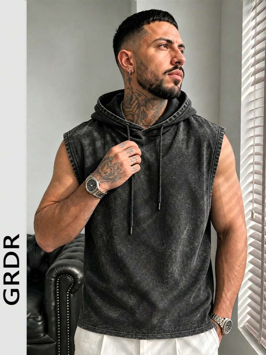 GRDR Rompi Hoodie Pria Minimalis Vintage Warna Polos dengan Efek Usang dan Pudar, Gaya Kasual Jalanan Longgar Serbaguna